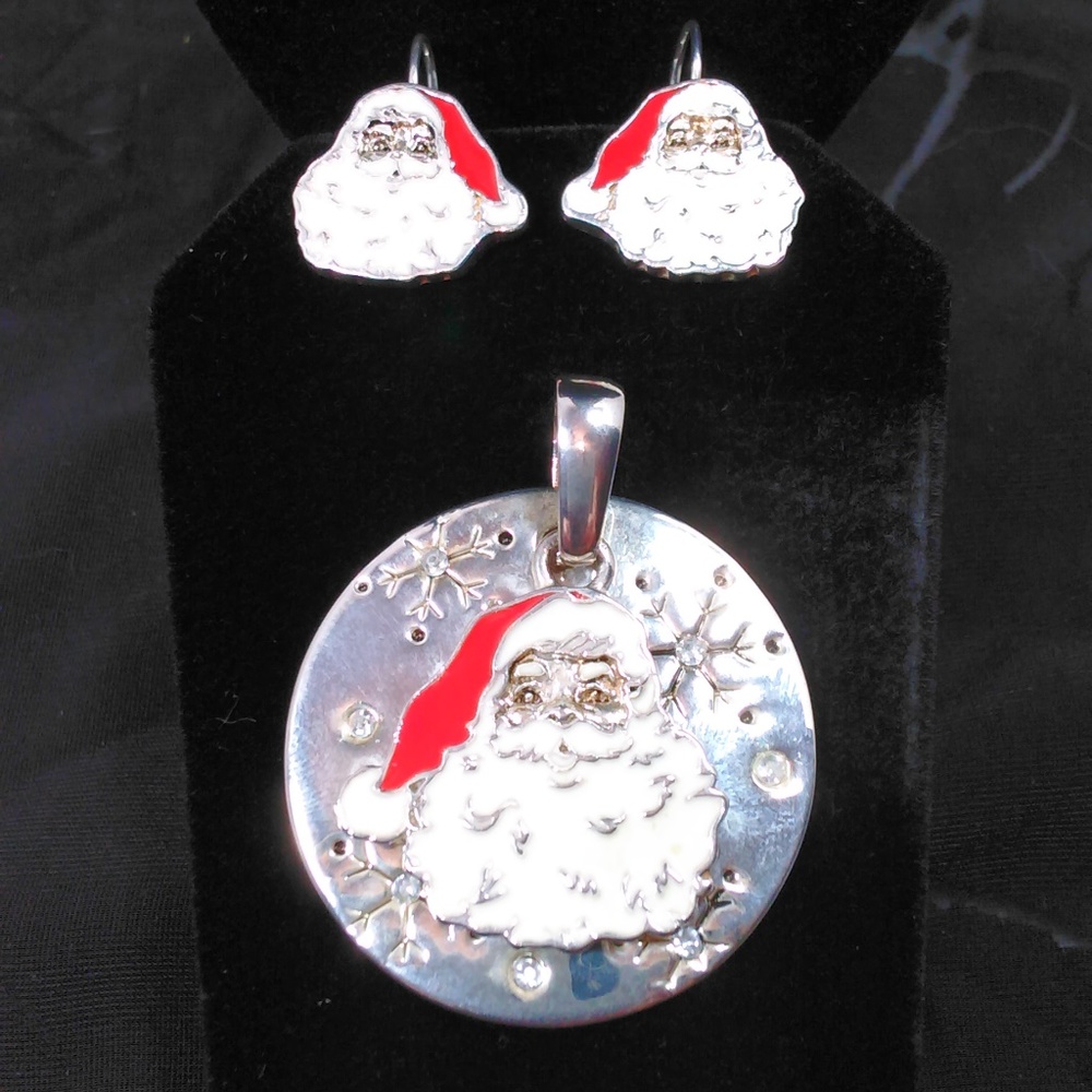 Silver Disc Snowflake with Santa Pendant & Earring
